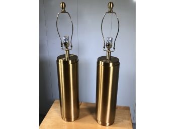 Fabulous Pair Of MCM / Midcentury Modern Lamps - Brushed Metal Finish - Tall Cylindrical Form - Nice Pair !