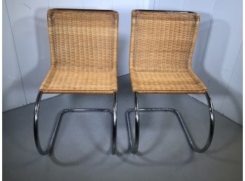 Fabulous Pair Of Vintage MIES VAN DER ROHE Style Cantilever Chrome & Wicker Chairs From 1970s - Great Look !