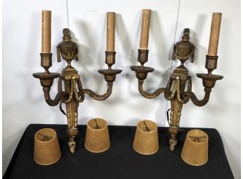 Lovely Pair Of French Antique Brass Wall Sconces & Shades - Circa 1930s - 1940s - ALL ORIGINAL - Great Patina