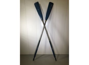 Fantastic Pair Of Vintage / Antique Wooden Boat Oars - Great Rustic Look - Old Worn Blue & Yellow Paint