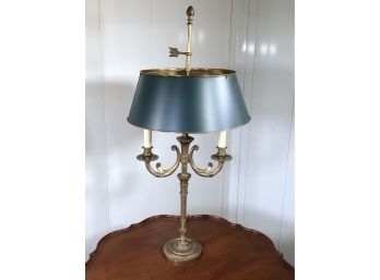 Lovely Vintage Heavy Brass Bouillotte Table Lamp With Green Metal Tole Shade - High Quality Cast Brass Base