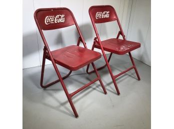 Very Cool Pair Of Vintage COCA COLA Metal Folding Chairs From Argentina - Disfruta Means Enjoy In Spanish