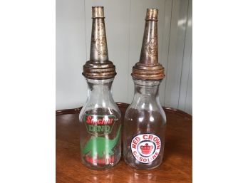 Two Oil Bottles With Advertising SINCLAIR DINO & RED CROWN - Cool Petroliana Collectible - Decorative Pieces