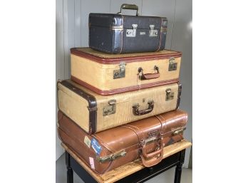 Stack Of Vintage Luggage - GREAT DECORATOR ITEM - Two Suitcases - Leather Valise & Train Case - GREAT LOT !