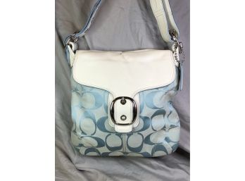 Beautiful COACH White Leather With Light Blue CC Fabric Bag - Great Condition - Nice Large Size - GREAT GIFT !