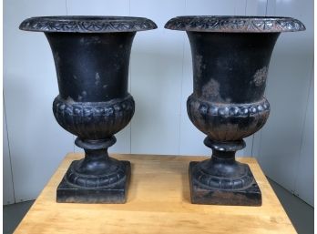 Fantastic Pair Of Antique Cast Iron Garden Urns - GREAT SIZE ! - Old & Worn Black Paint - NICE OLD PAIR !