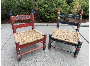 Two (2) Beautiful Folk Art Painted Childs Ladder Back Chairs - Both With Rush Seats - Overall Great Condition