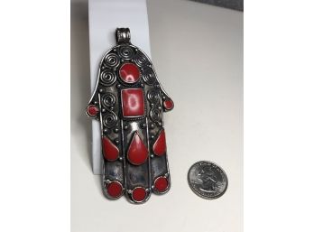 Fabulous LARGE Sterling Silver / 925 Hamsa Hand Pendant With Red Coral Inlays VERY COOL & Unusual Piece !
