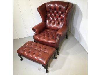 Lovely Vintage Leather Wingchair & Ottoman - Beautiful Color - Nice Worn Vintage Look - Queen Anne Feet