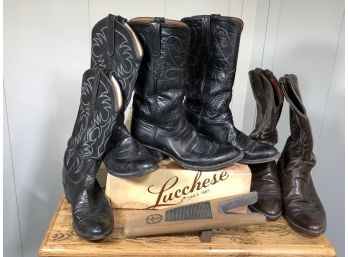 Three Pairs Of All Size 9 High Quality - Cowboy Boots - Larry Mahan - Dan Post & Lucchese With Bonus Boot Jack