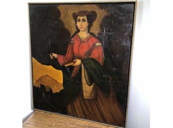 Large VERY OLD Antique Painting - Looks Like VERY Early Painting - Was Mounted On Masonite At Some Point