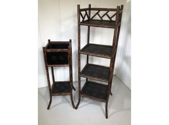 Two Fabulous Piece Of Faux Bamboo With Chinosiere Decoration - Tall Plant Stand & Taller Shelf - NICE LOT !