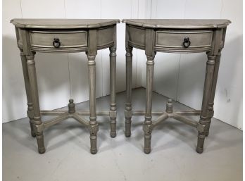 Lovely Pair Of Vintage Style Demi Lune End / Side Tables In Distressed Gray Paint - TWO TABLES - ONE BID !