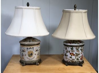 Two (2) Beautiful Decorator Porcelain Tea Canister Type Lamps - Both Come With Shades - Excellent Condition