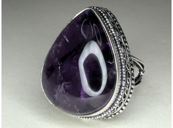 Wonderful Sterling Silver / 925 Ring With Natural High Polished Teardrop Amethyst - Beautiful Ring - Very Nice