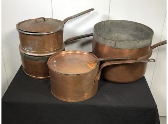 Fabulous Group Of Antique Copper Pots From France & England - GREAT Lot - Fantastic Patina - All Larger Pieces