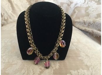 Gold Tone Necklace With Pink And Blue Drops - Lot #29