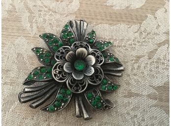 Signed Silvered And Green Rhinestone Floral Spray Pin - Lot #8