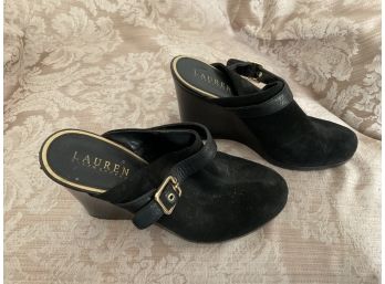 Lauren, Ralph Lauren Black Leather Suede Wedges - Size 7.5