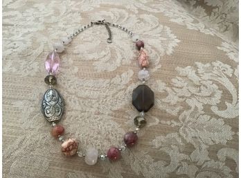 Contemporary Silvered, Pink, And White Necklace - Lot #11