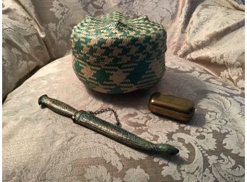 A Trio Of Cool Items - Brass Container, Dagger And Sheath, Etc.