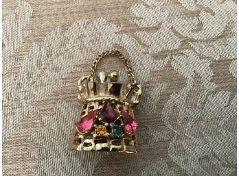 Vintage Gold Tone And Rhinestone Pendant In Shape Of Handbag That Opens - Lot #12