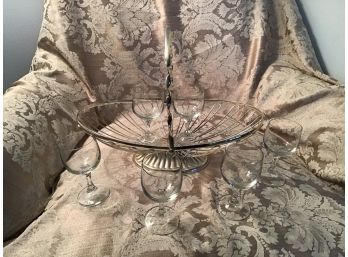 English Silver-plate Bread Basket And Six Crystal Wine Glasses