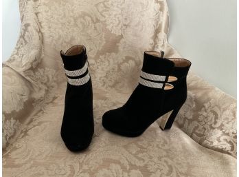 Black Velveteen High Heeled Boots - Size 8