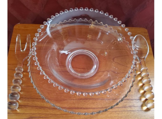 Elegant Vintage Imperial Glass Co. Candlewick Bead Edge Salad Bowl Set With Underplate, Spoon And Fork