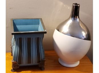 Beautiful Silver And White Vase And Blue Planter