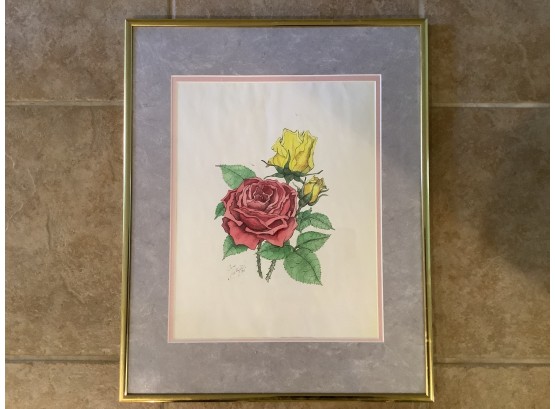 Vintage Colorful Lithograph Of Red And Yellow Roses On Paper. Signed And Dated.