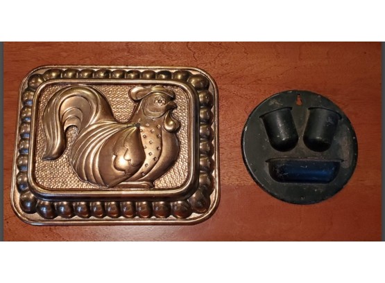 Vintage Wall Art- Copper Molder Rooster Pan & A Metal Match Safe