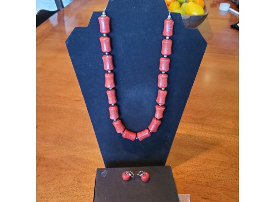 Rare Barrel- Formed Red Coral Stones Earrings & Necklace With Sterling Silver