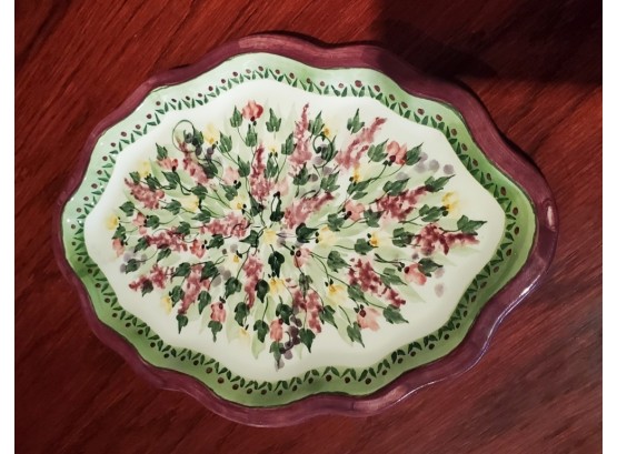 Local Connecticut Hand- Painted Pottery Serving Plate With Lovely Flowers- Artisan Signed By ' Not Just Pink'