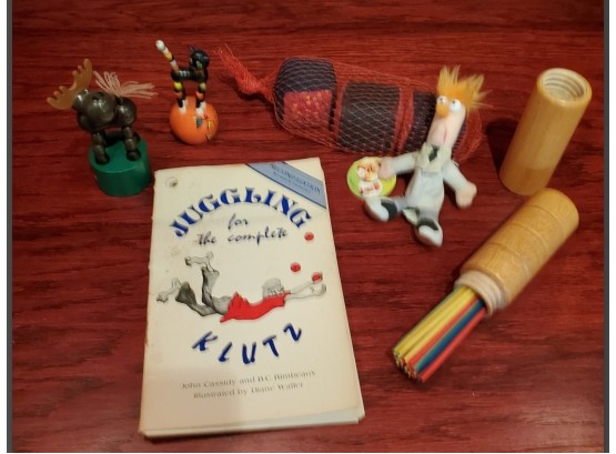 FUN Lot Of Toys & Dolls- Juggling For The Complete Klutz! Beaker Doll, Sticks, & 2 Finger Push Puppets