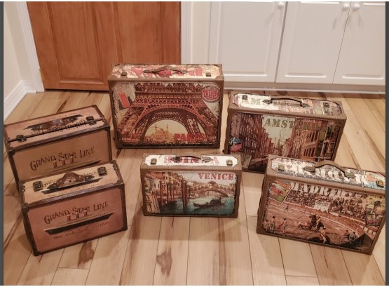 Six Highly Decorated Travel Suitcases - Famous Cities & Steamship Lines