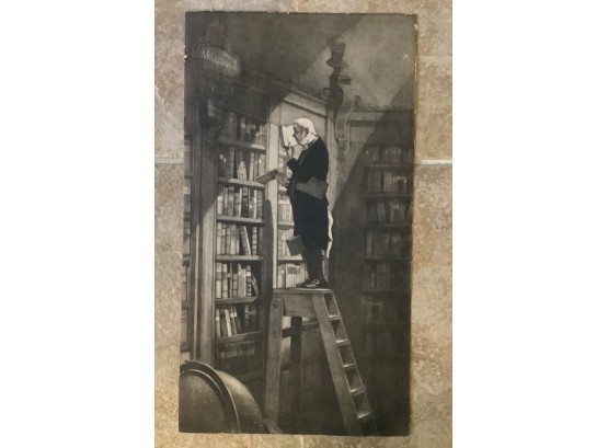 Vintage Black And White Lithograph Of Gentleman In Library. Framed. Classic!