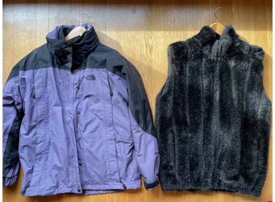 Two Woman's Large Winter Jacket: Faux Fur, And North Face Shell And Insulator.