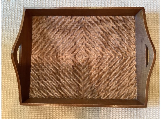 Large Vintage Wood And Rattan Tray