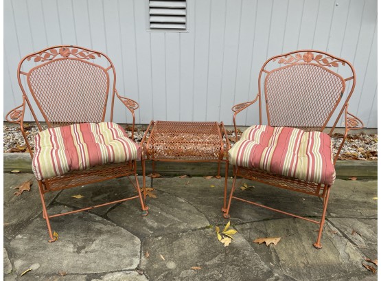 This Lovely Pair Of Patio Furniture Chairs With End Table- All Sturdy Metal. Comes With Pretty Cushions Too!