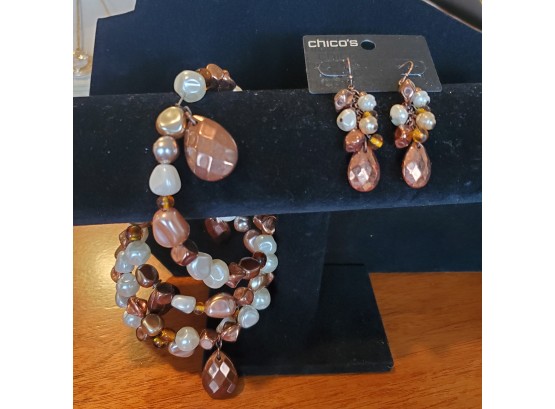 Chico Earrings & Bracelet Set - Bronze Toned & White Beads