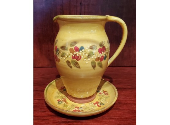 Pretty French Yellow Pitcher With Flowers & Under- Saucer