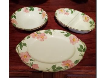 Franciscan Ware Desert Rose Serving Pieces- Divided Vegetable Bowl, Casserole Bowl & Oval Platter