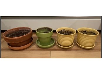 Lovely Set Of Four Planters: Green, Yellow, Natural Clay