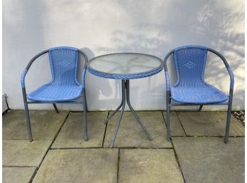 Lovely Blue Painted Wicker - Glass Top Table And Two Chairs