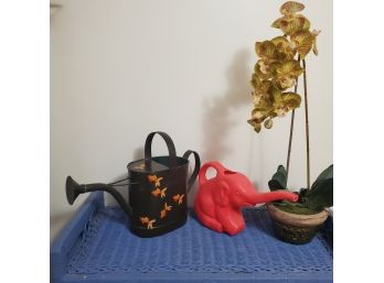 Fun Gardening Lot- Metal Watering Can Hand Painted With Goldfish, Red Plastic WC Elephant & An Imitation Plant