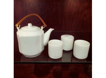 Vintage White Ironstone Tea Pot & Three Tea Cups