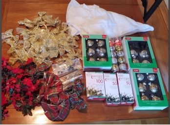 Large Christmas Decoration Lot- 200 Mini Lights, 26 Ornaments, Tree Skirt, Hooks, Holly & 34 Ribbons