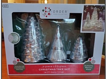 Authentic Mercury Glass 3- Piece LED Glass Christmas Tree Festive Centerpiece Lights Up Beautifully