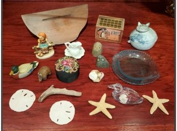 Treasure Lot Of 18 Household Decorations- A Goebel Girl Figurine, A Clay Cat Jar, Bakers Cocoa Crate, Ducks